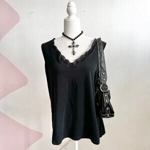 Vintage Black Lace Trim Tank Top, Goth Whimsigoth Grunge Indie Sleaze 1X